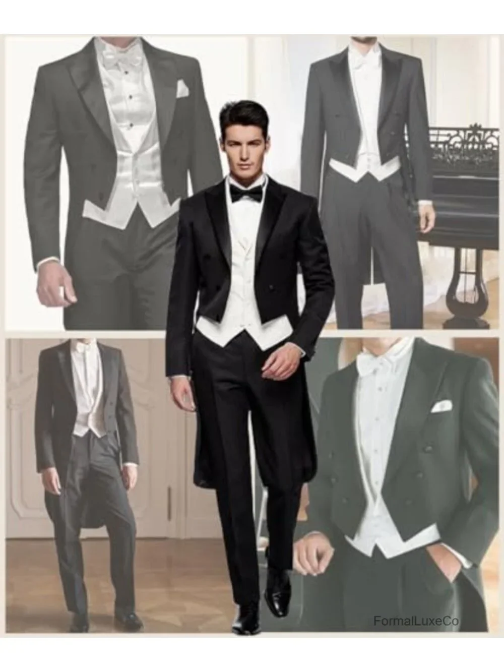 Men's Slim Fit Single Breasted Tailcoat 2 Piece Suit Swallow Tail Wedding